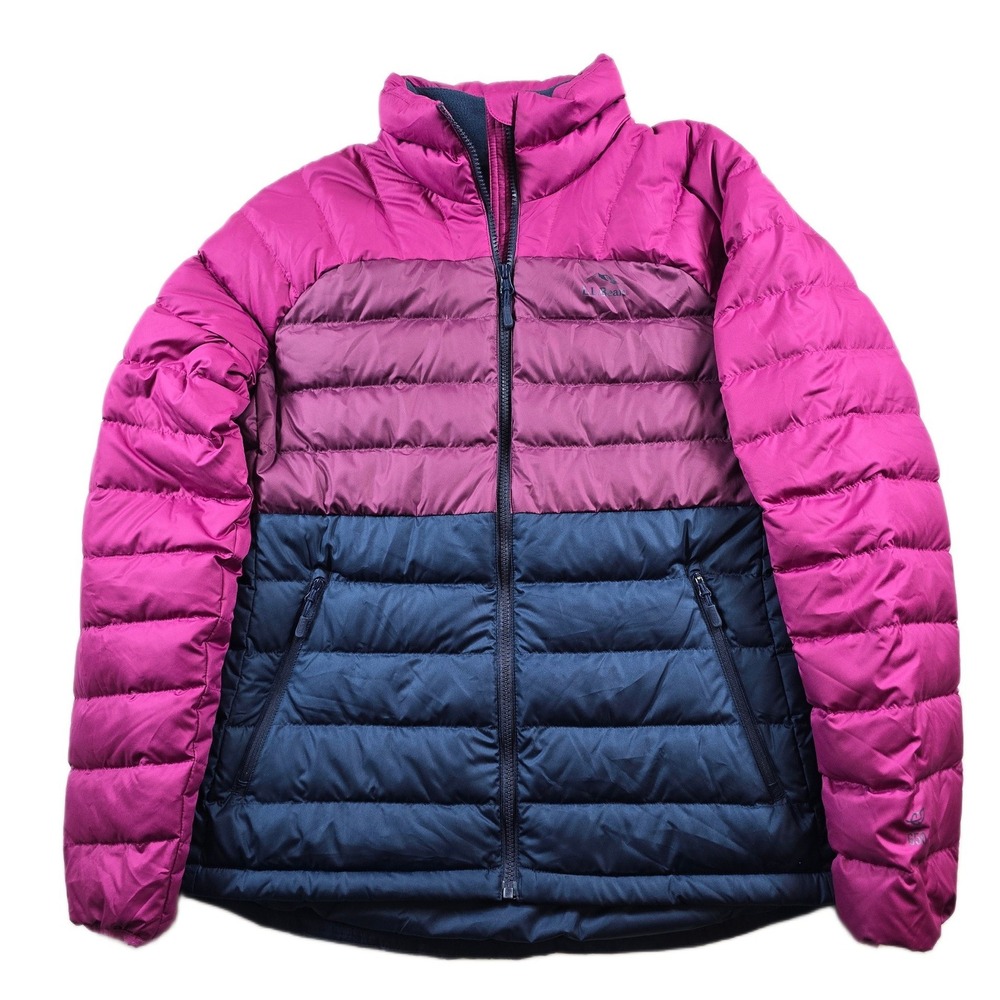 LL Bean Colorblock Down Puffer Jacket Womens Medium Pink Navy DownTek Insulated